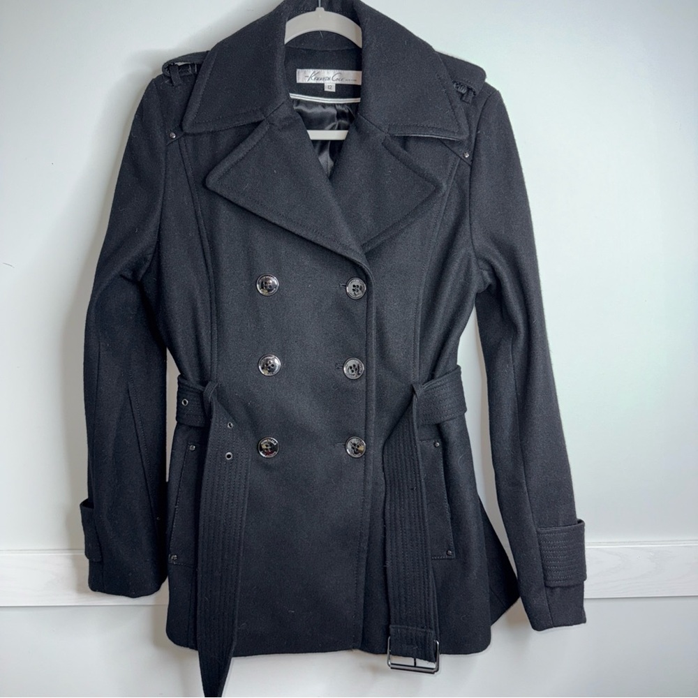 Kenneth Cole New York Black Trench Coat Wool Blend